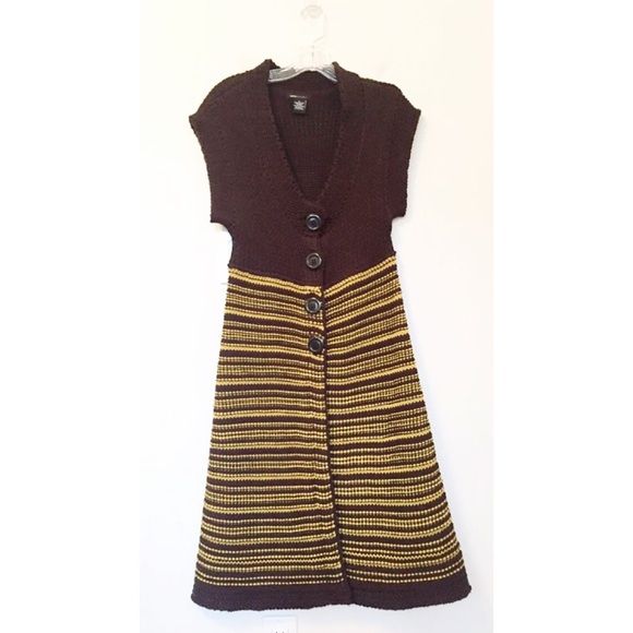 BCBG MAXAZRIA Trendy Knit Knee Length Sweater Brown & Yellow - Picture 1 of 5